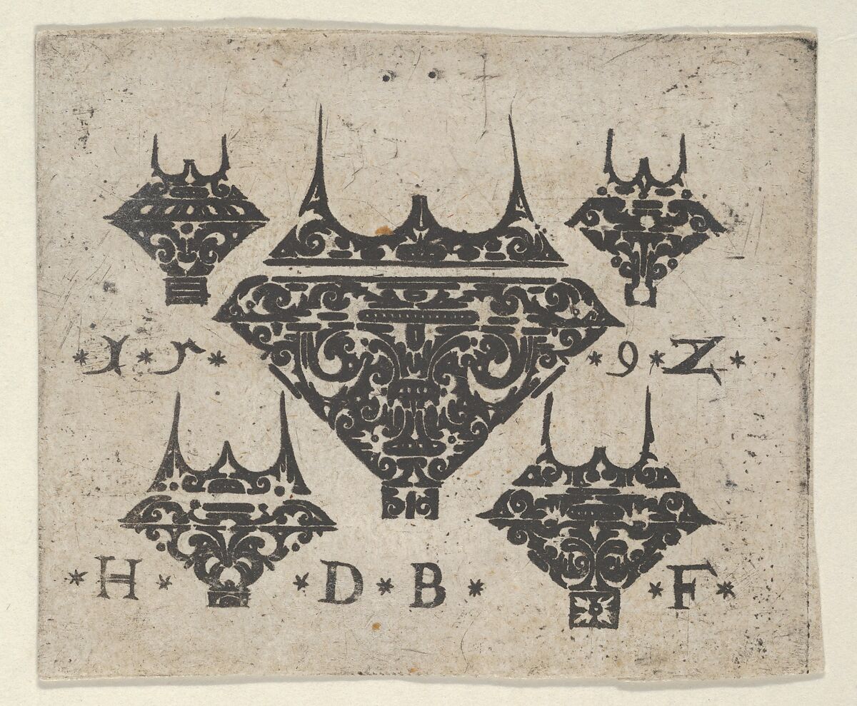 Blackwork Print with a Large Bezel Design at Center Surrounded by Four Smaller Fillets, Hans de Bull (German, active 1592–1604), Blackwork engraving 