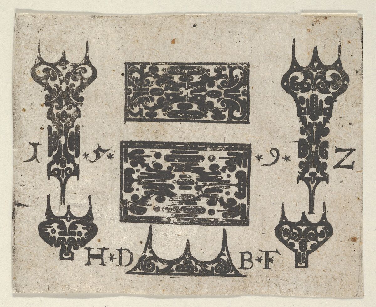 Blackwork Print with Two Horizontal Panels and Five Small Motifs, Hans de Bull (German, active 1592–1604), Blackwork engraving 