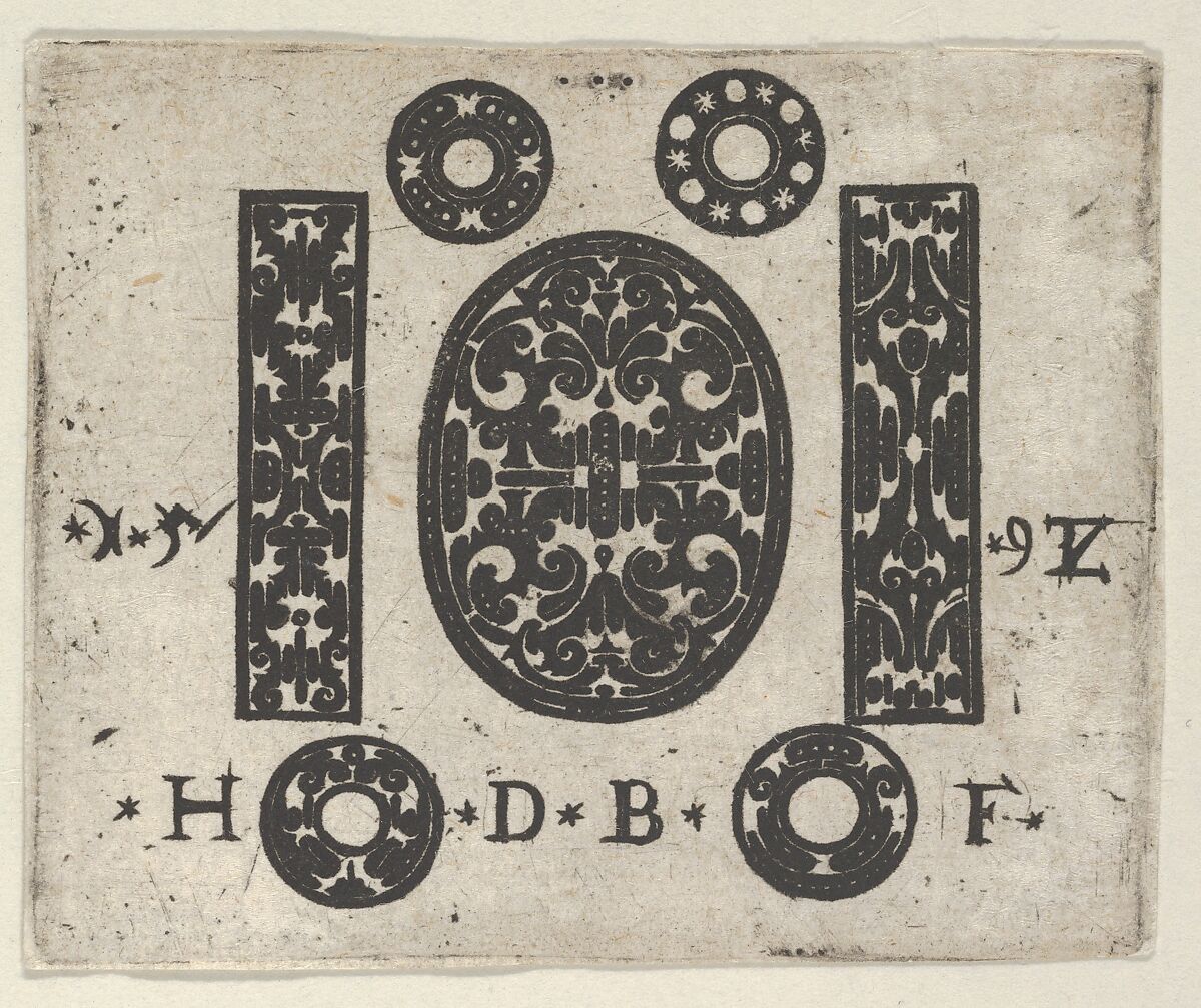 Blackwork Print with Two Vertical Panels Flanking an Oval at Center with Four Small Circles, Hans de Bull (German, active 1592–1604), Blackwork engraving 