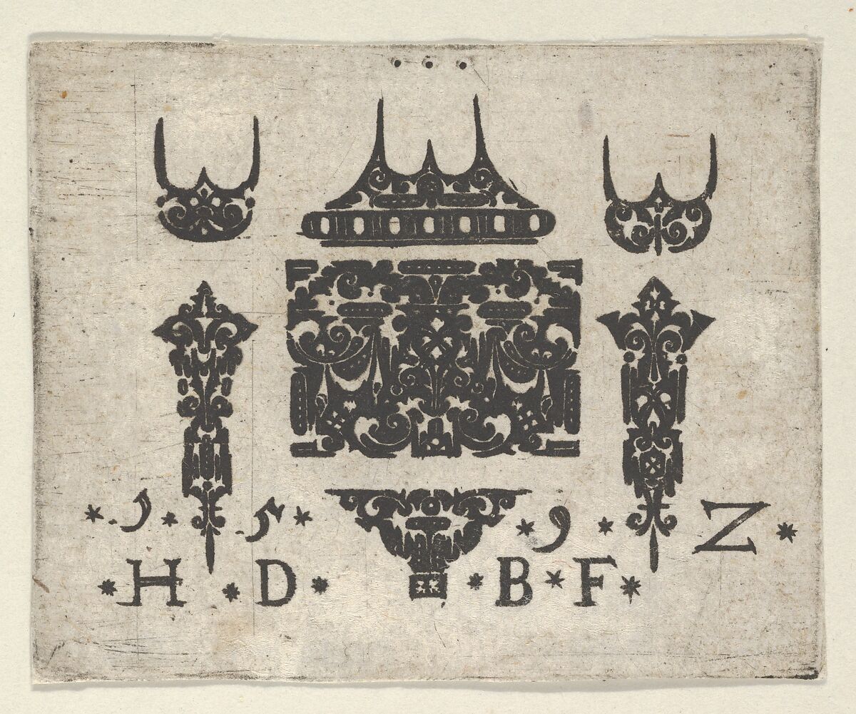 Blackwork Print with a Horizontal Panel and Six Small Motifs, Hans de Bull (German, active 1592–1604), Blackwork engraving 