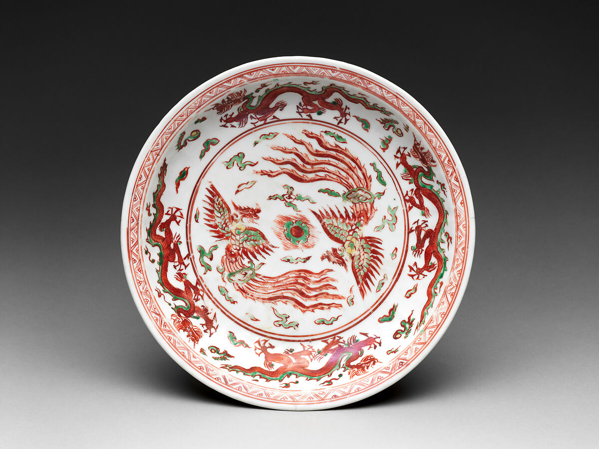 Dish with Phoenixes and Dragons, Porcelain painted with colored enamels over transparent glaze (Jingdezhen ware), China 