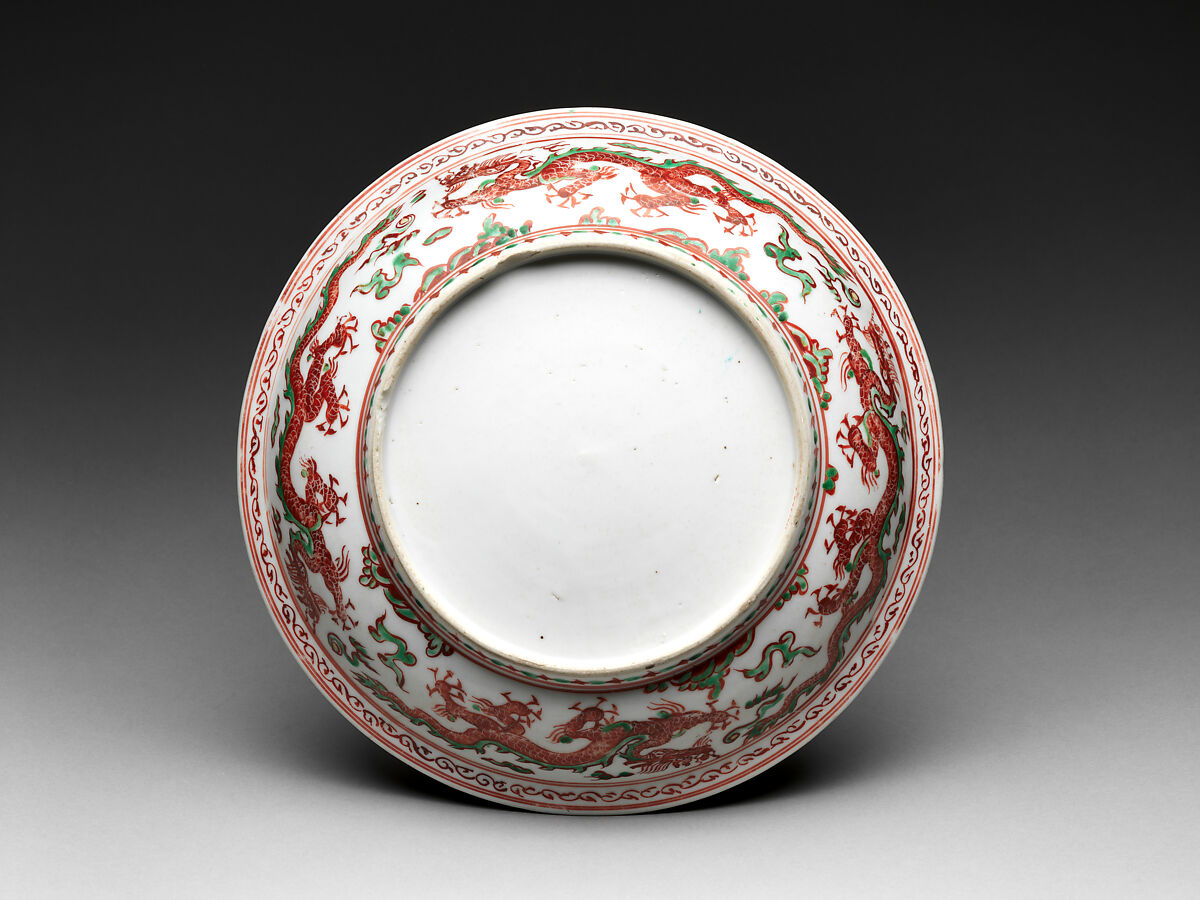 Dish with Phoenixes and Dragons, Porcelain painted with colored enamels over transparent glaze (Jingdezhen ware), China