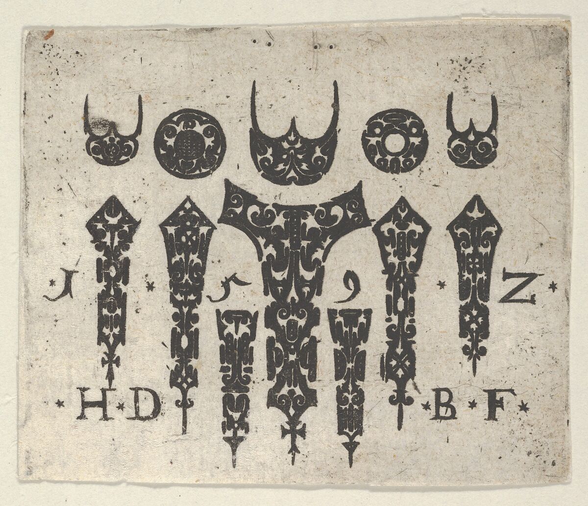 Blackwork Print with a Row of Seven Vertical Fillets Below a Row of Three-Pronged Motifs and Circles, Hans de Bull (German, active 1592–1604), Blackwork engraving 