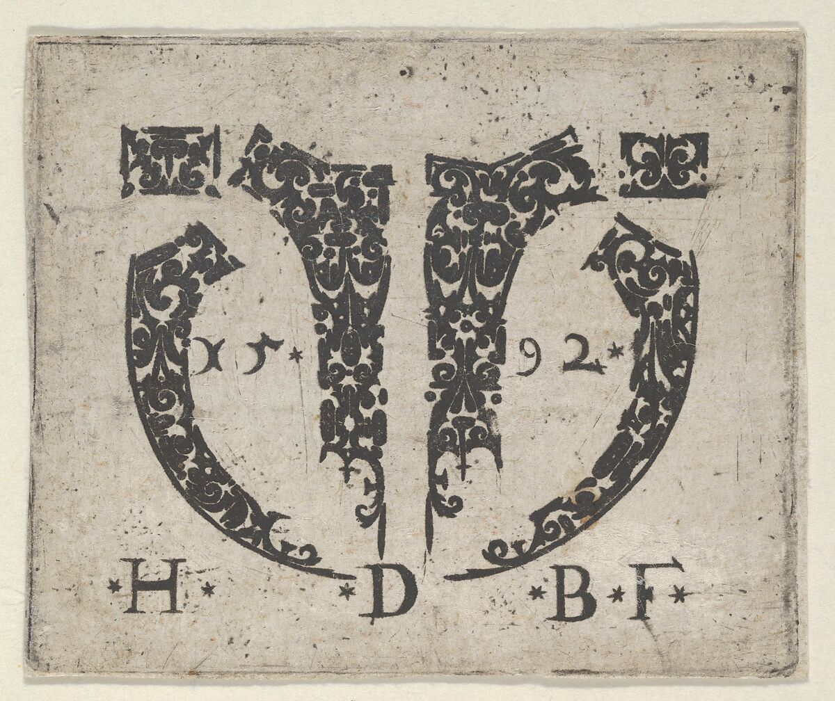 Blackwork Print with Two Small Horizontal Panels Above a Pair of Lunar-Shaped Fillets with Two Motifs at Center, Hans de Bull (German, active 1592–1604), Blackwork engraving 