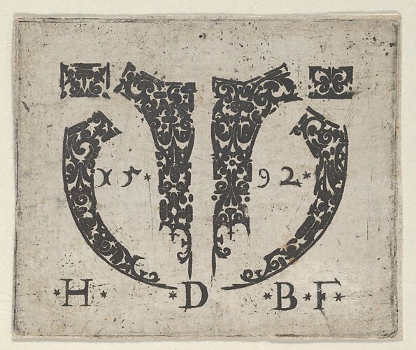 Blackwork Print with Two Small Horizontal Panels Above a Pair of Lunar-Shaped Fillets with Two Motifs at Center