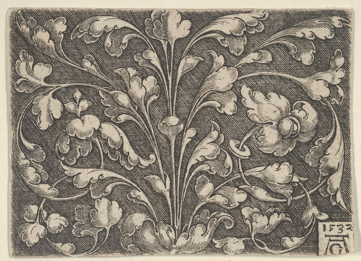 Horizontal Panel with Tendrils Rising from Center, Heinrich Aldegrever (German, Paderborn ca. 1502–1555/1561 Soest), Engraving 