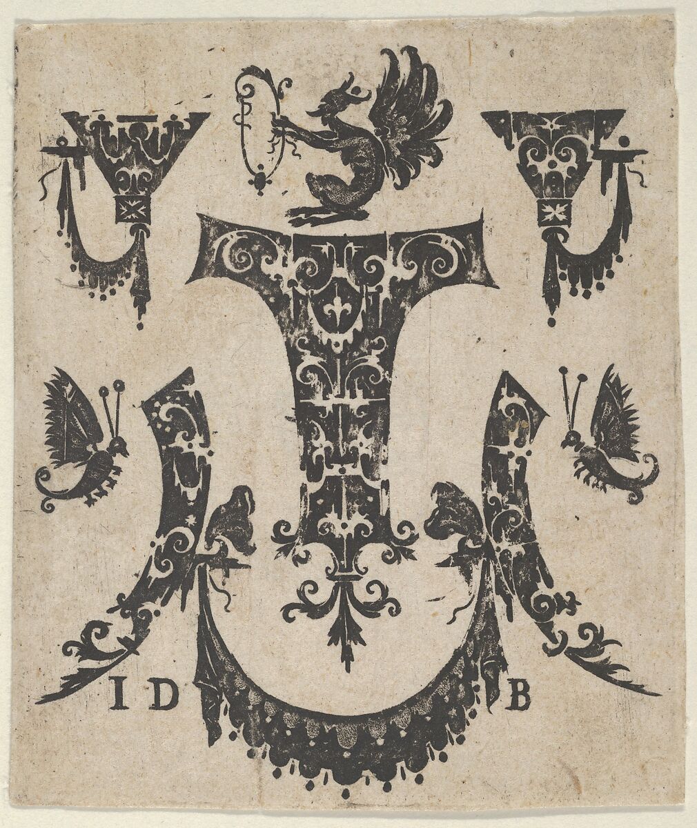 Blackwork Print with Five Ornament Motifs, a Pair of Butterflies and a Grotesque, Hans de Bull (German, active 1592–1604), Blackwork engraving 