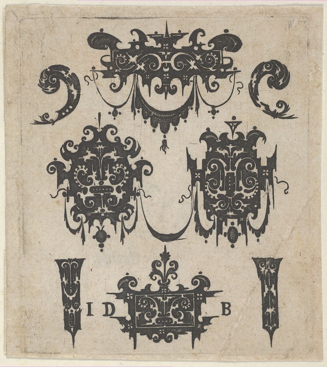 Blackwork Print with Four Shweifwerk Motifs Decorated with Swag Combined with Four Small Fillets, Hans de Bull (German, active 1592–1604), Blackwork engraving 