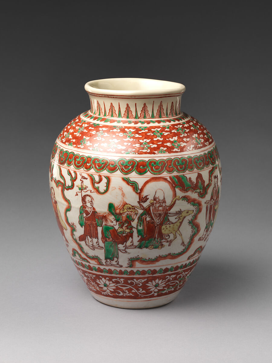 Jar, Porcelain with incised decoration overpainted in polychrome enamels, China 