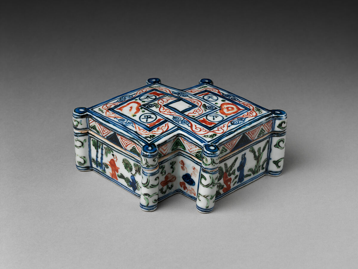 Box with Figures in Landscape, Porcelain painted with cobalt blue under and colored enamels over transparent glaze (Jingdezhen ware), China 