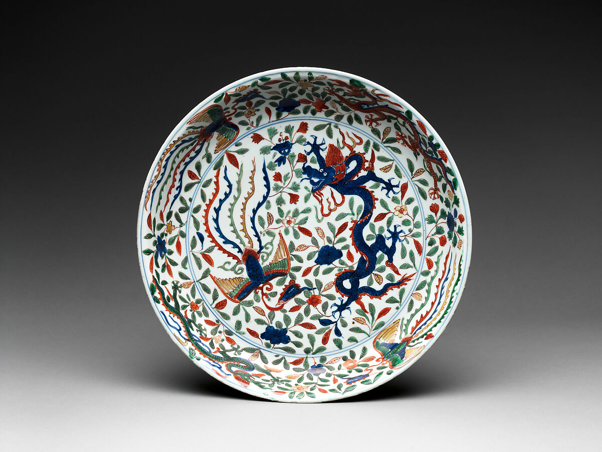 Dish with Dragon and Phoenix, Porcelain painted with cobalt blue under and colored enamels over transparent glaze (Jingdezhen ware), China 