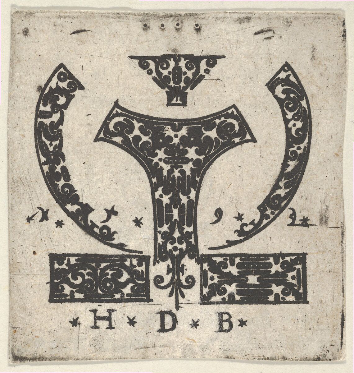 Blackwork Print with Two Horizontal Panels Below a Pair of Lunar-Shaped Fillets with Two Motifs at Center, Hans de Bull (German, active 1592–1604), Blackwork engraving 