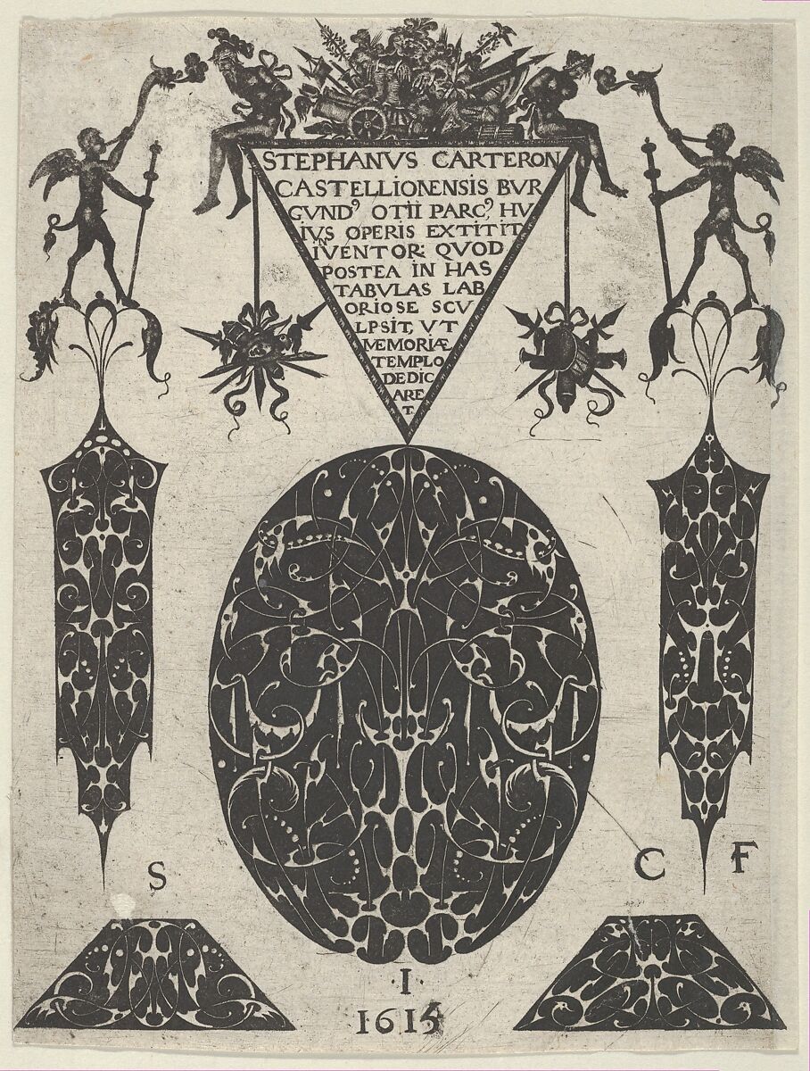 Title Plate with Blackwork Motifs, Trophies and Grotesques, from a Series of Blackwork Prints for Goldsmiths' Work, Etienne Carteron (French, born Châtillon-sur-Seine, ca. 1580), Blackwork engraving 