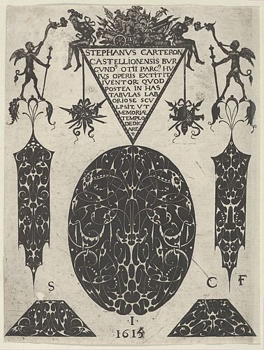 Title Plate with Blackwork Motifs, Trophies and Grotesques, from a Series of Blackwork Prints for Goldsmiths' Work