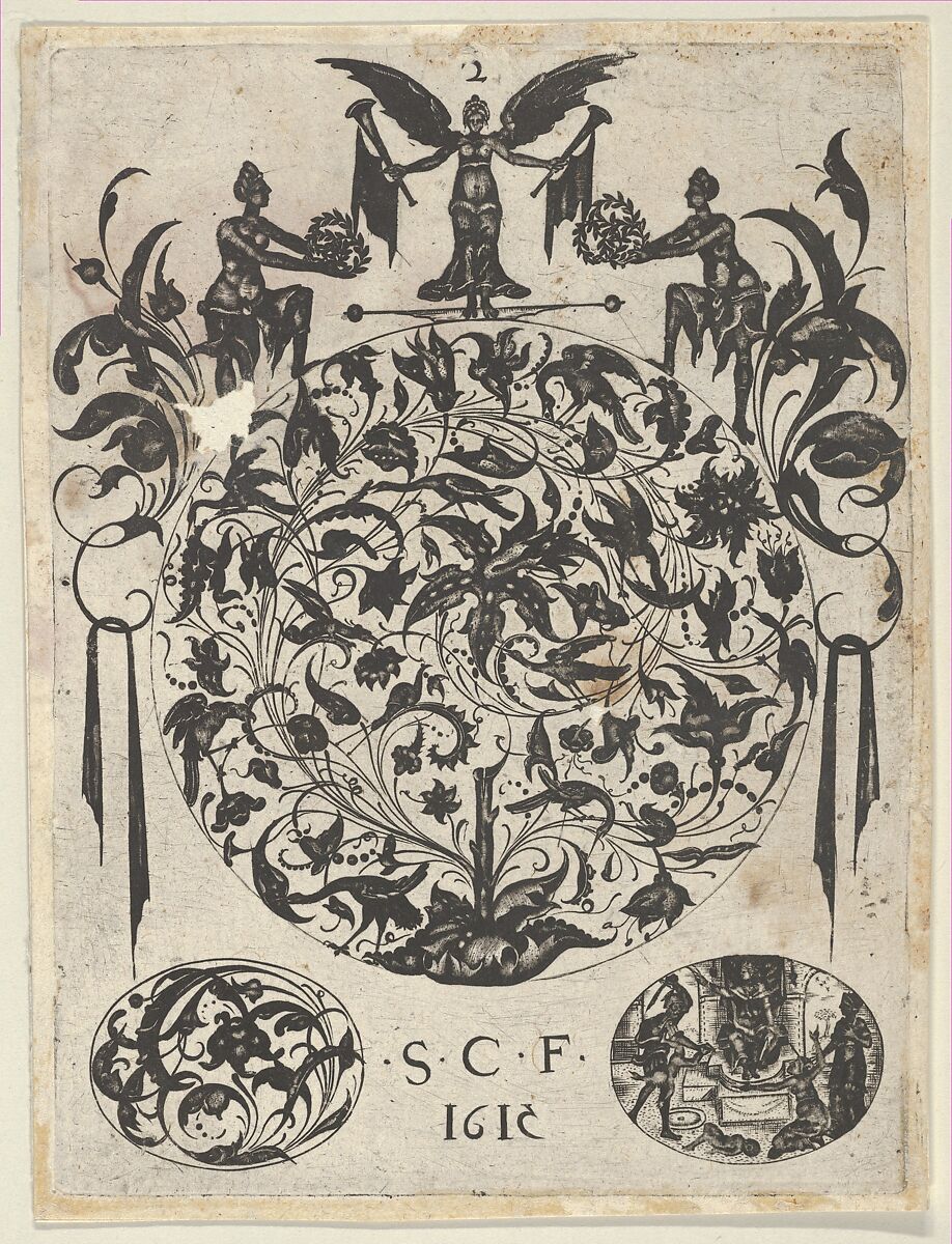 Blackwork Print with a Roundel with Tendrils and Birds Above Two Ovals, from a Series of Blackwork Prints for Goldsmiths' Work, Etienne Carteron (French, born Châtillon-sur-Seine, ca. 1580), Blackwork engraving 
