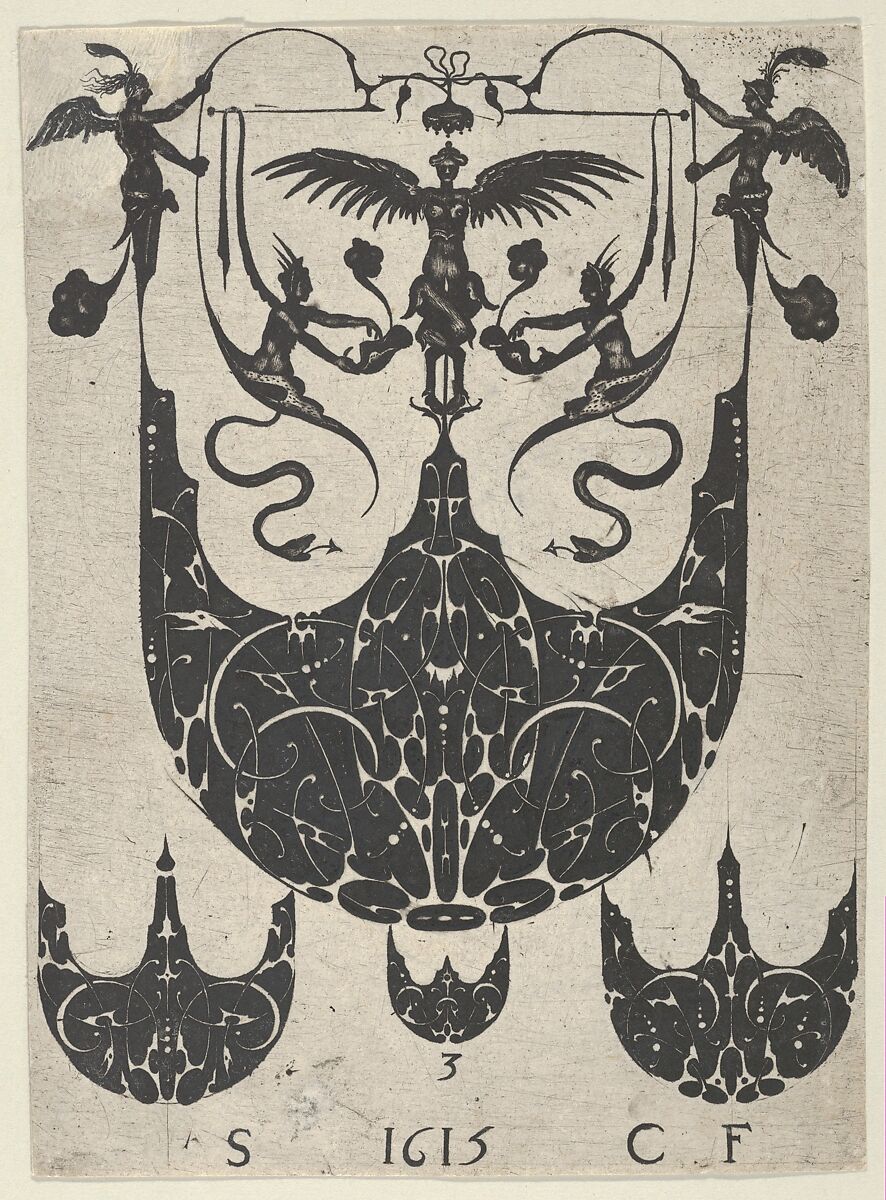 Blackwork Print with a Bezel Supporting Grotesques Above Three Smaller Bezels, from a Series of Blackwork Prints for Goldsmiths' Work, Etienne Carteron (French, born Châtillon-sur-Seine, ca. 1580), Blackwork engraving 