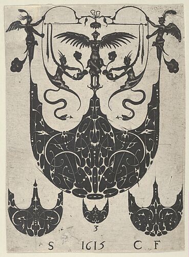 Blackwork Print with a Bezel Supporting Grotesques Above Three Smaller Bezels, from a Series of Blackwork Prints for Goldsmiths' Work