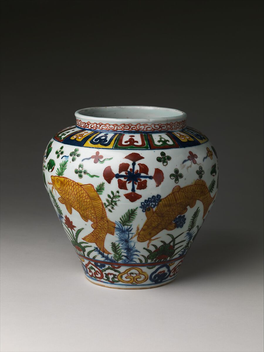 Jar with carp in lotus pond, Porcelain painted in underglaze cobalt blue and overglaze polychrome enamels (Jingdezhen ware), China