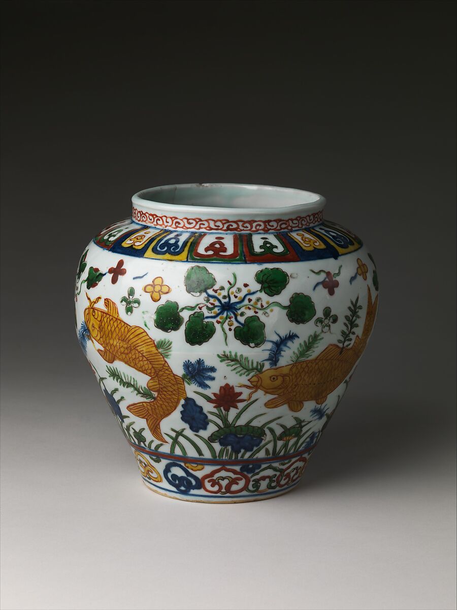 Jar with carp in lotus pond, Porcelain painted in underglaze cobalt blue and overglaze polychrome enamels (Jingdezhen ware), China