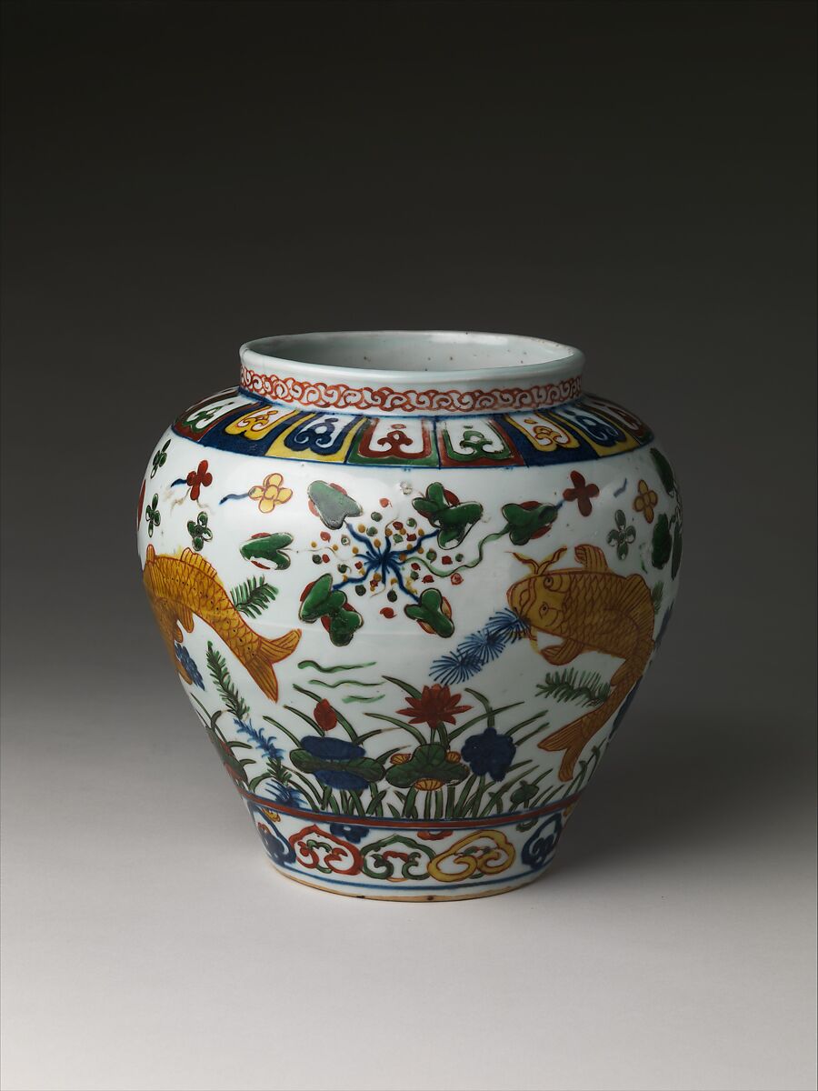 Jar with carp in lotus pond, Porcelain painted in underglaze cobalt blue and overglaze polychrome enamels (Jingdezhen ware), China