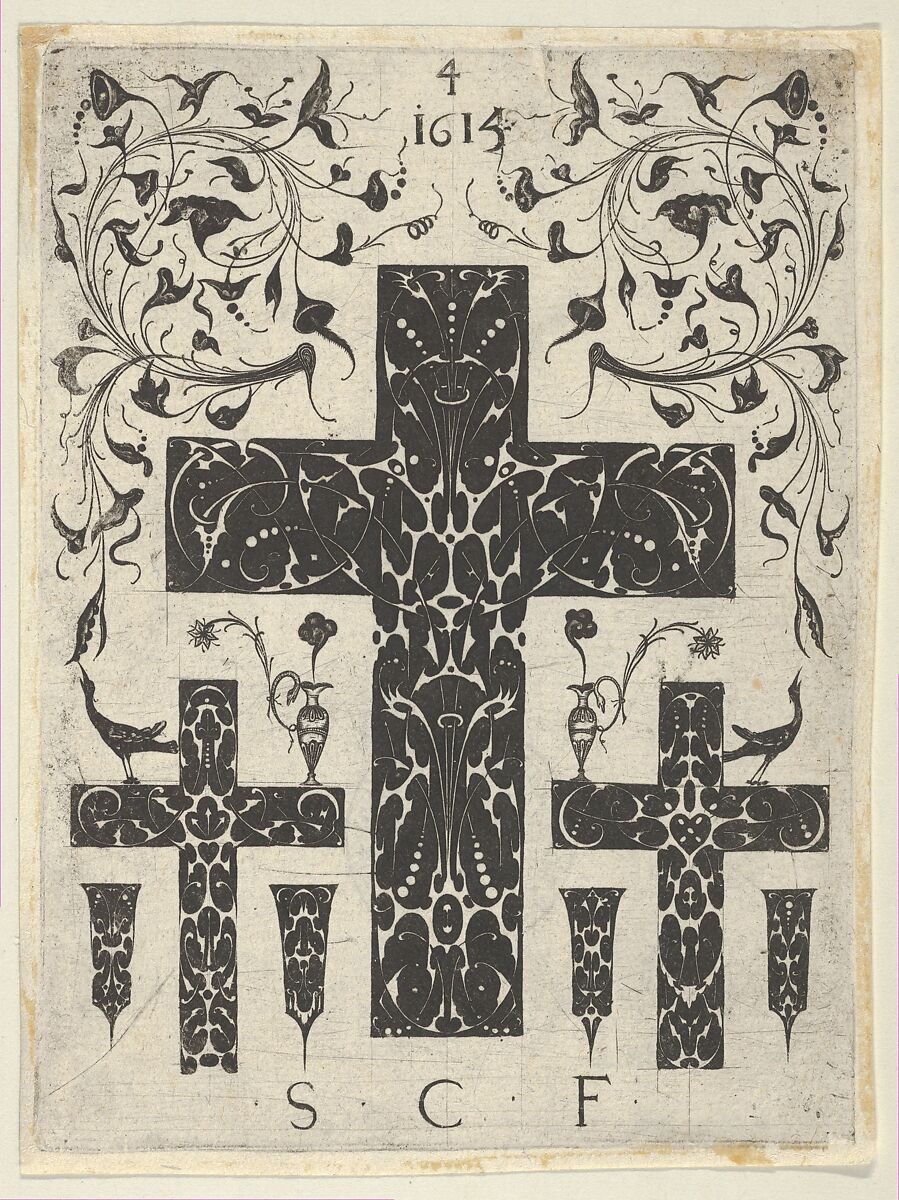 Blackwork Print with Three Crosses and Foliate Scrolls, from a Series of Blackwork Prints for Goldsmiths' Work, Etienne Carteron (French, born Châtillon-sur-Seine, ca. 1580), Blackwork engraving 