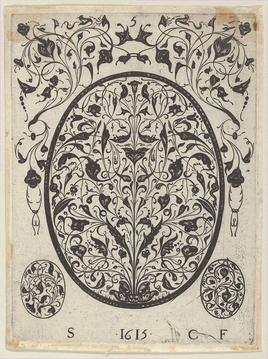 Blackwork Print with Foliate Scrolls in an Oval at Center, from a Series of Blackwork Prints for Goldsmiths' Work, Etienne Carteron (French, born Châtillon-sur-Seine, ca. 1580), Blackwork engraving 