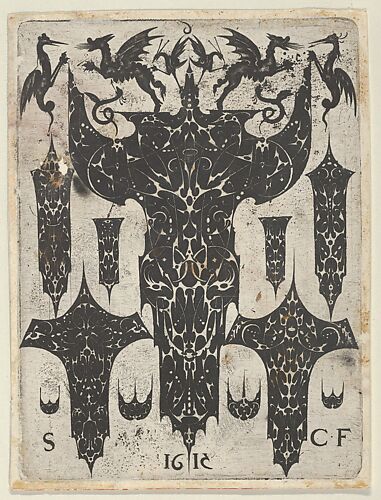 Blackwork Print with Grotesques Fighting on Top of a Large Motif Surrounded by Ten Smaller Motifs, from a Series of Blackwork Prints for Goldsmiths' Work