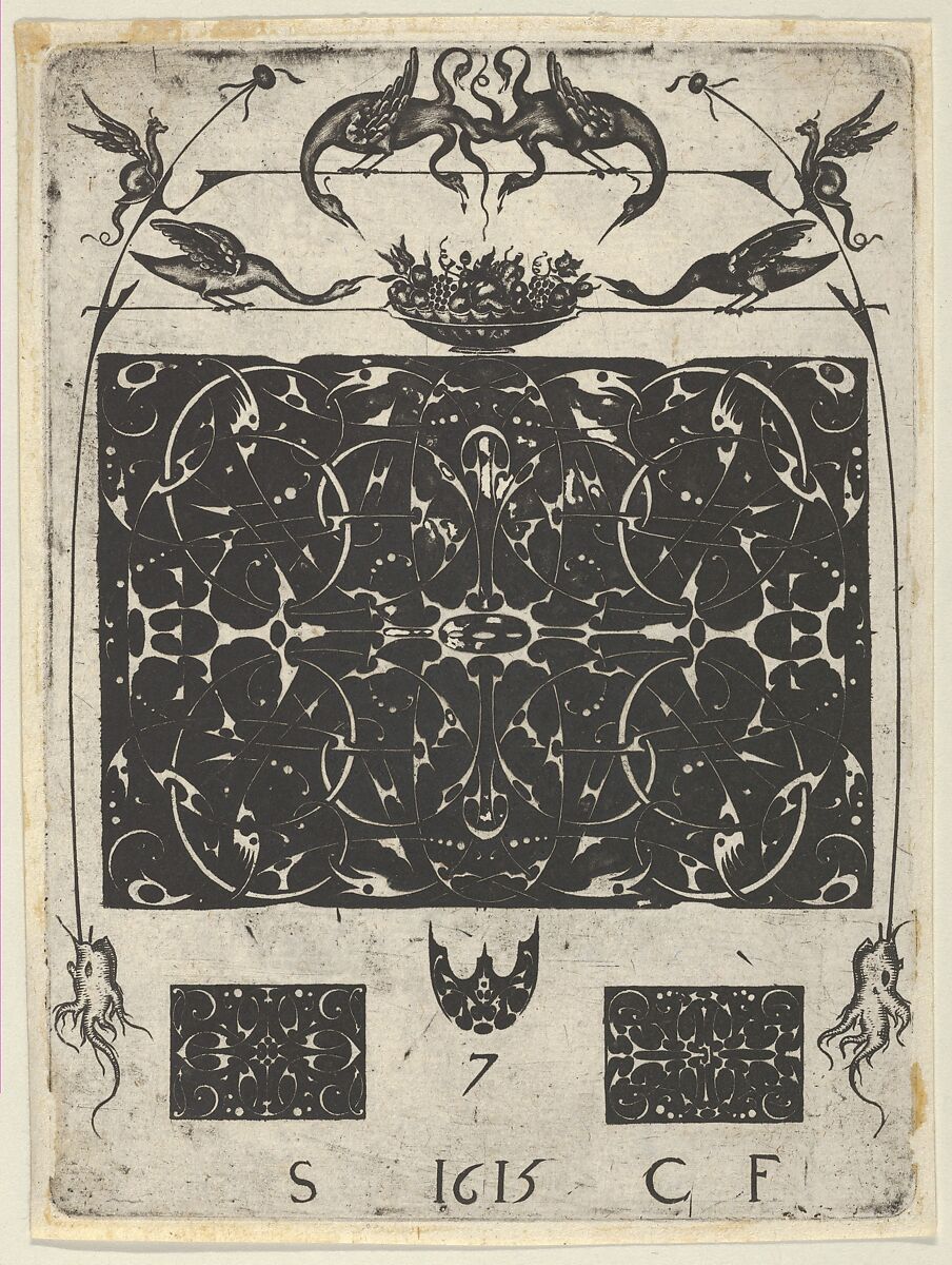 Blackwork Print with Birds and Grotesques Atop a Horizontal Panel, from a Series of Blackwork Prints for Goldsmiths' Work, Etienne Carteron (French, born Châtillon-sur-Seine, ca. 1580), Blackwork engraving 