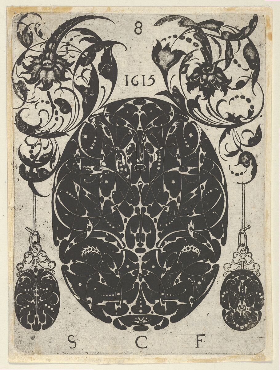 Blackwork Print with an Oval at Center Flanked by Pendants Hanging from Foliate Scrolls, from a Series of Blackwork Prints for Goldsmiths' Work, Etienne Carteron (French, born Châtillon-sur-Seine, ca. 1580), Blackwork engraving 