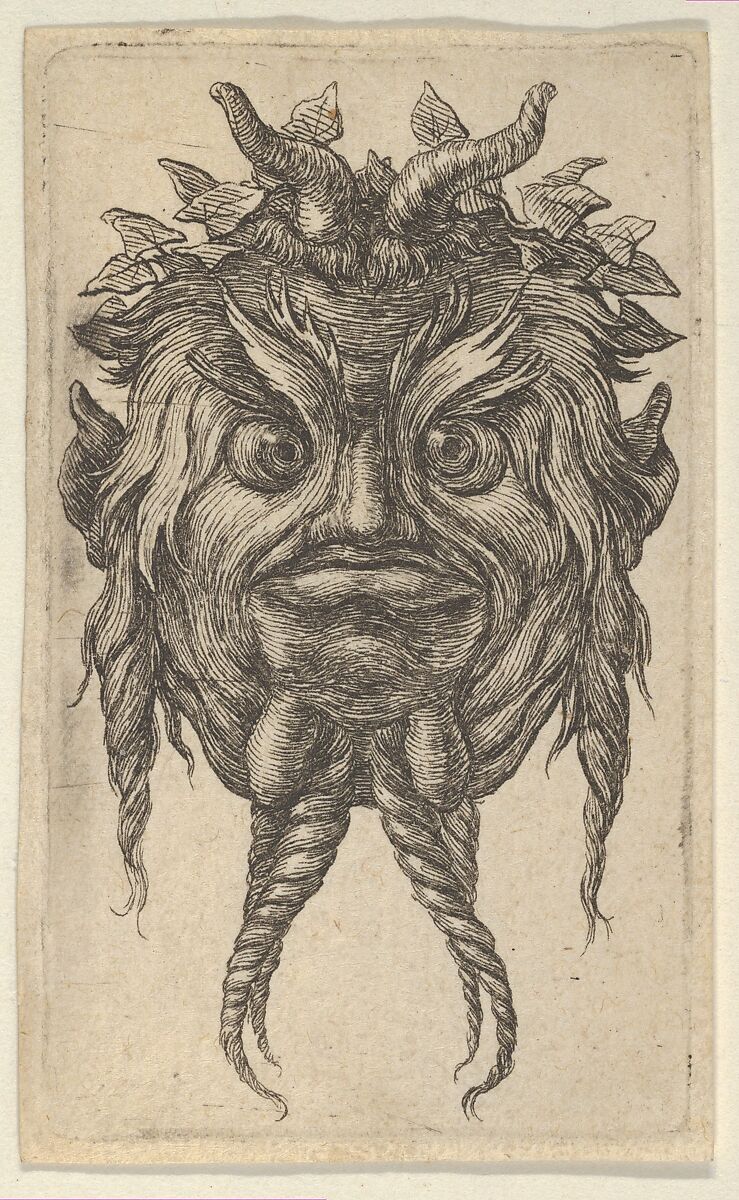 Satyr Mask with Horns and a Twisted Beard Wearing an Ivy Wreath, from "Divers Masques", François Chauveau (French, Paris 1613–1676 Paris), Etching 