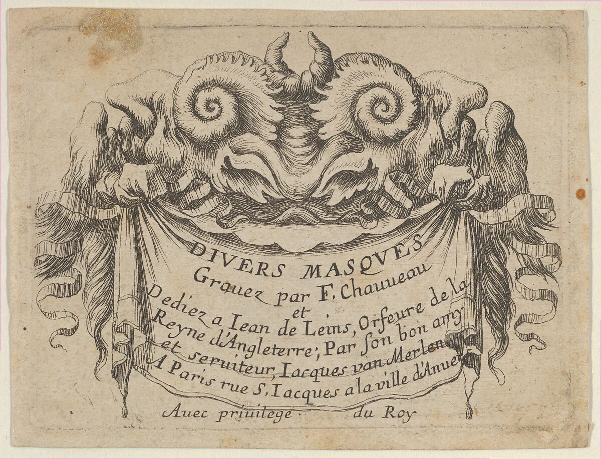 Title Plate with Two Satyr Heads, from "Divers Masques", François Chauveau (French, Paris 1613–1676 Paris), Etching 
