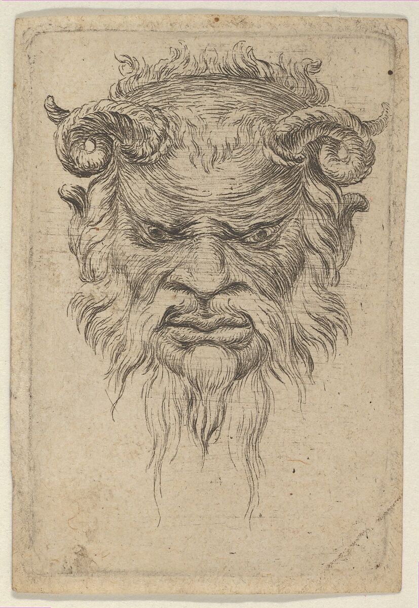 Satyr Mask with Curled Horns Looking Down, from "Divers Masques", François Chauveau (French, Paris 1613–1676 Paris), Etching 