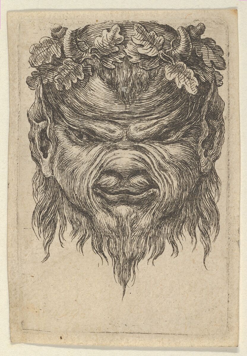 Satyr Mask with an Indented Snout and a Wreath of Oak Leaves, from "Divers Masques", François Chauveau (French, Paris 1613–1676 Paris), Etching 