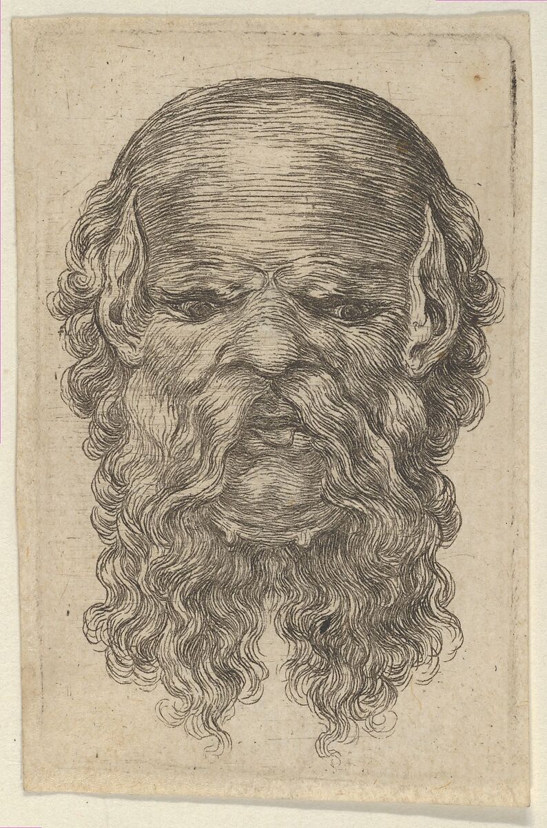 Mask of a Bald Man with Pointed Ears and a Long, Parted Beard, from "Divers Masques", François Chauveau (French, Paris 1613–1676 Paris), Etching 