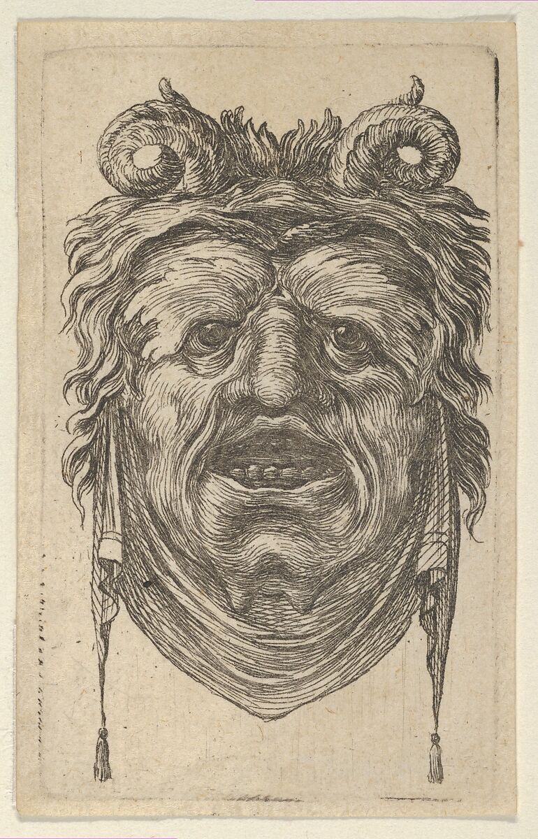 Satyr Mask with Curled Horns, Leafy Eyebrows and a Cloth Hanging Beneath the Chin, from "Divers Masques", François Chauveau (French, Paris 1613–1676 Paris), Etching 