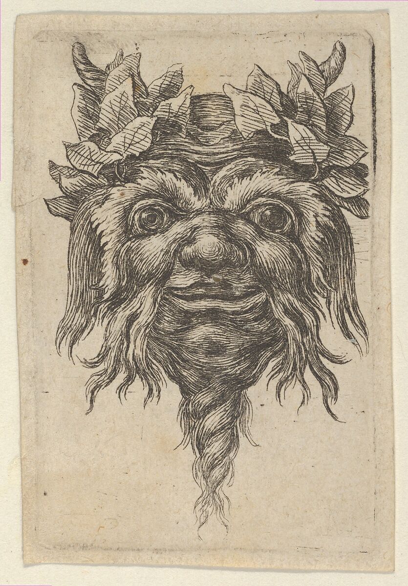 Satyr Mask with a Spiral-Shaped Beard and Ivy Grouped Around Each Horn, from "Divers Masques", François Chauveau (French, Paris 1613–1676 Paris), Etching 