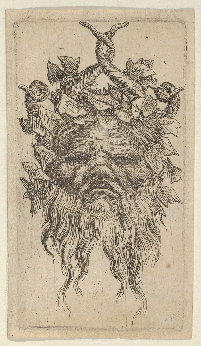 Satyr Mask with Hooked Horns and an Ivy Wreath, from "Divers Masques", François Chauveau (French, Paris 1613–1676 Paris), Etching 