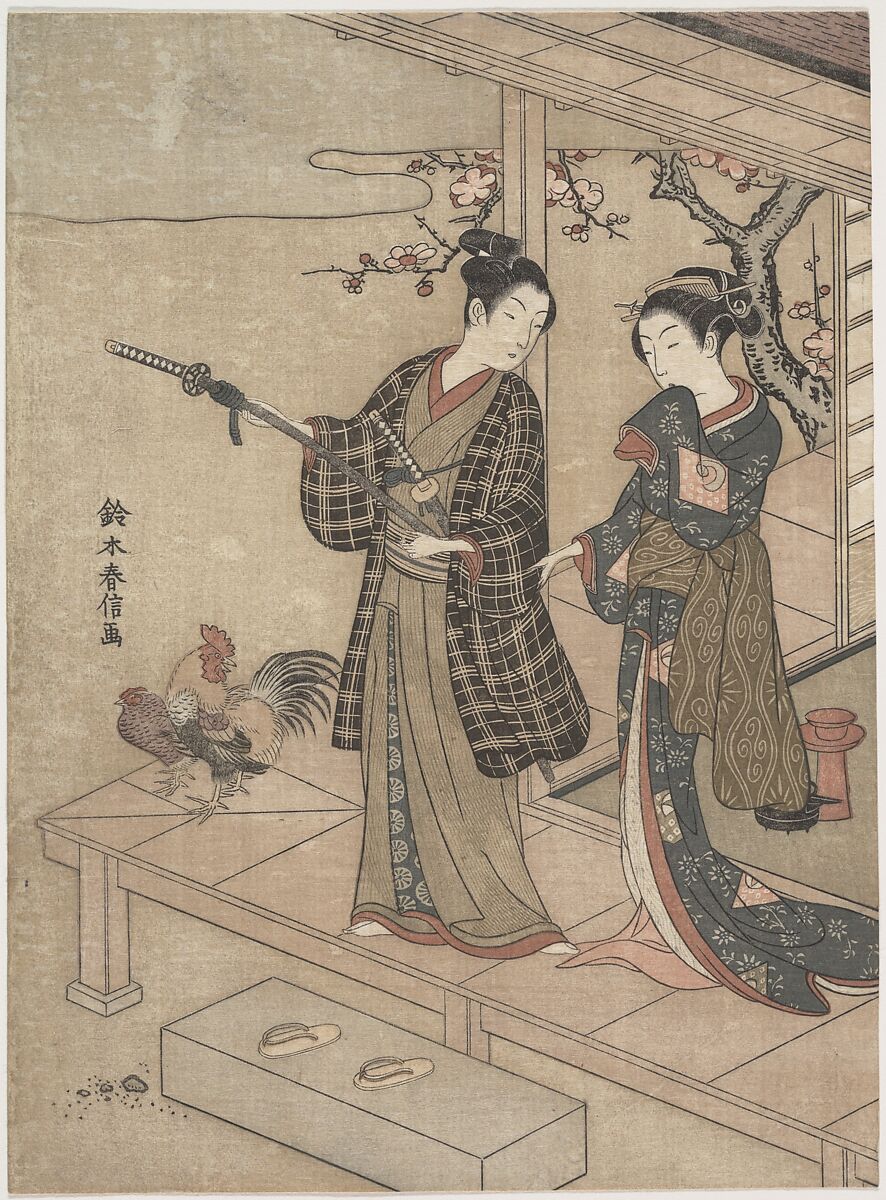 Gentleman Taking Leave of His Lady on a Veranda, Suzuki Harunobu (Japanese, 1725–1770), Woodblock print; ink and color on paper, Japan 
