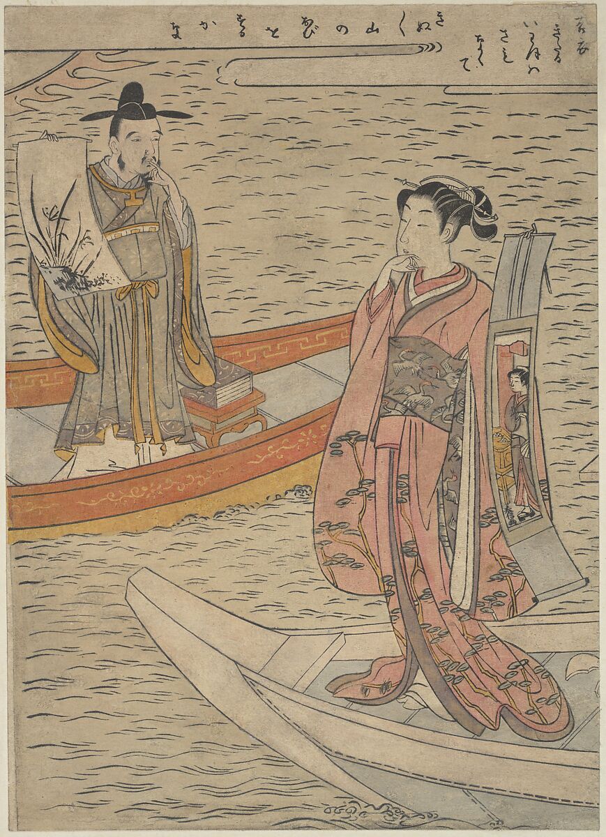 Parody of the Noh Play "Hakurakuten", Suzuki Harunobu (Japanese, 1725–1770), Woodblock print; ink and color on paper, Japan 