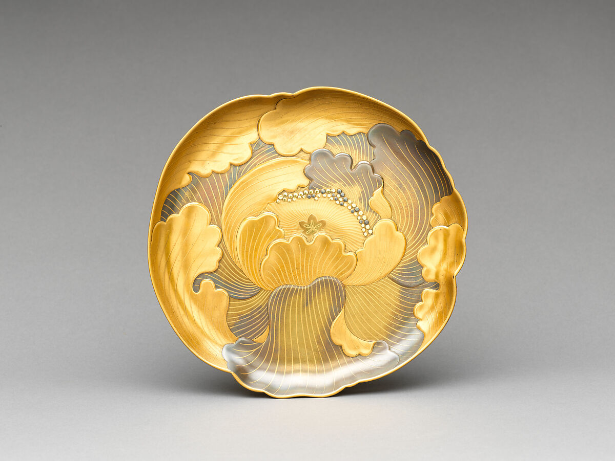 Portable Picnic Set (sagejū) with Peonies, Lacquered wood with gold, silver, red togidashimaki-e, hiramaki-e on black and nashiji lacquer ground, Japan