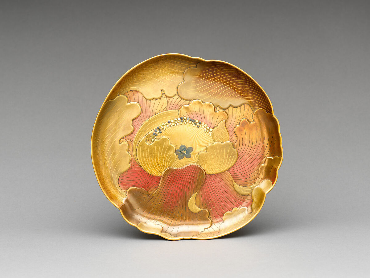 Portable Picnic Set (sagejū) with Peonies, Lacquered wood with gold, silver, red togidashimaki-e, hiramaki-e on black and nashiji lacquer ground, Japan