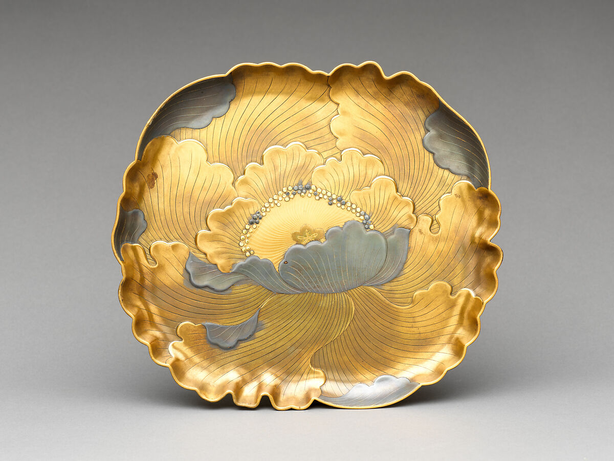 Portable Picnic Set (sagejū) with Peonies, Lacquered wood with gold, silver, red togidashimaki-e, hiramaki-e on black and nashiji lacquer ground, Japan