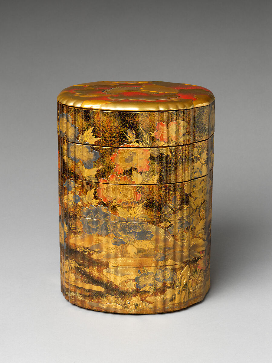 Portable Picnic Set (sagejū) with Peonies, Lacquered wood with gold, silver, red togidashimaki-e, hiramaki-e on black and nashiji lacquer ground, Japan