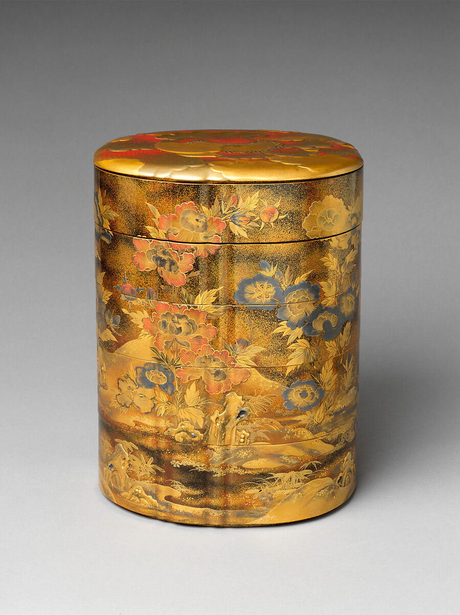 Portable Picnic Set (sagejū) with Peonies, Lacquered wood with gold, silver, red togidashimaki-e, hiramaki-e on black and nashiji lacquer ground, Japan