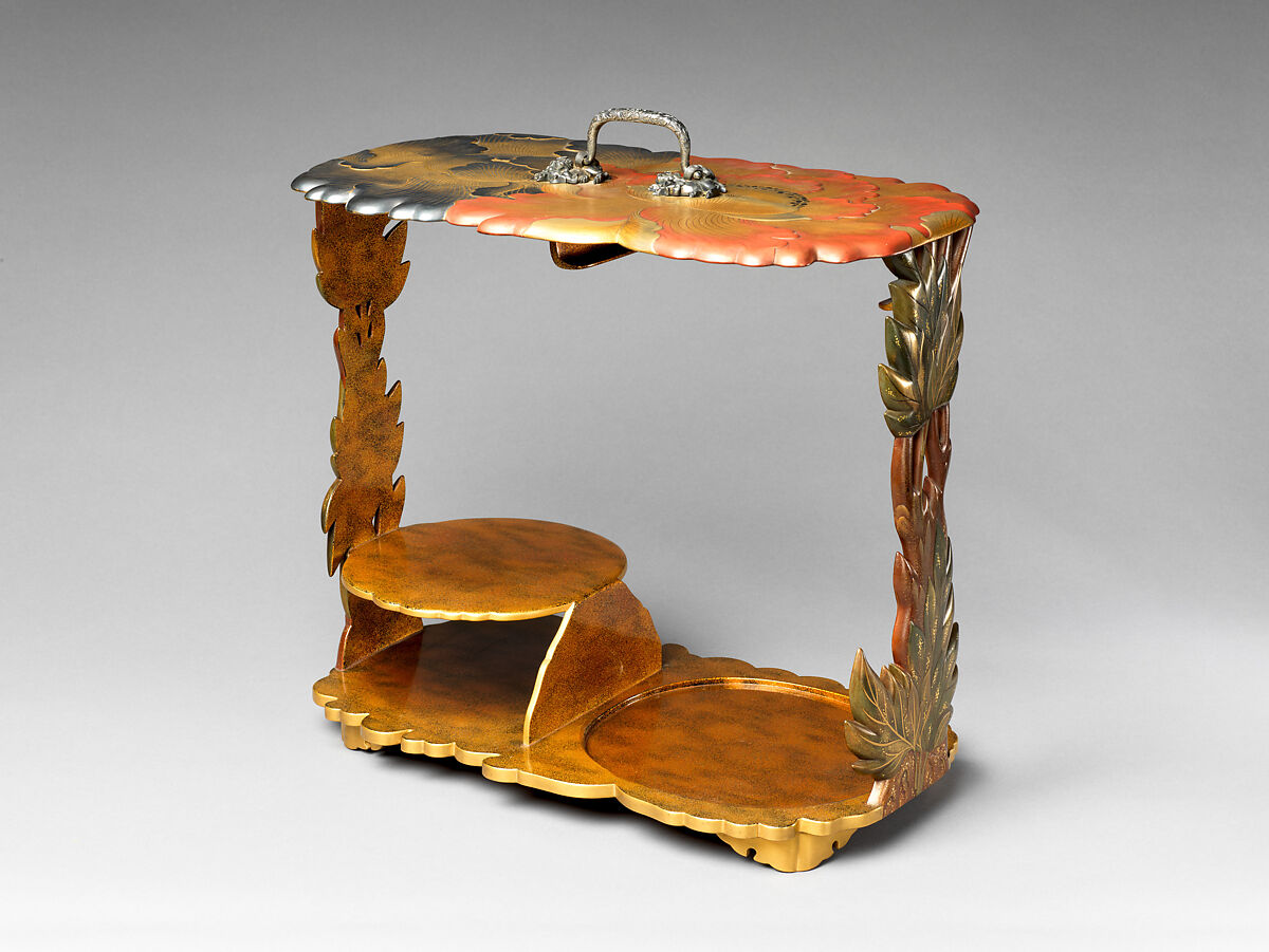 Portable Picnic Set (sagejū) with Peonies, Lacquered wood with gold, silver, red togidashimaki-e, hiramaki-e on black and nashiji lacquer ground, Japan