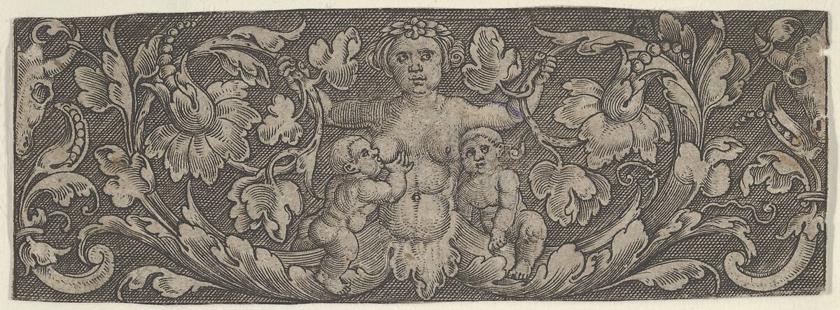 Horizontal Panel with a Siren with Foliage for Legs and Two Children, Allaert Claesz. (Dutch, active 1520–55), Engraving 