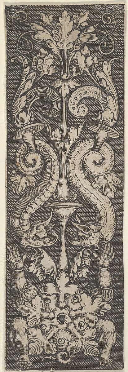 Vertical Panel with a Candelabrum Stemming from a Leaf-Faced Grostesque at Bottom, Allaert Claesz. (Dutch, active 1520–55), Engraving 