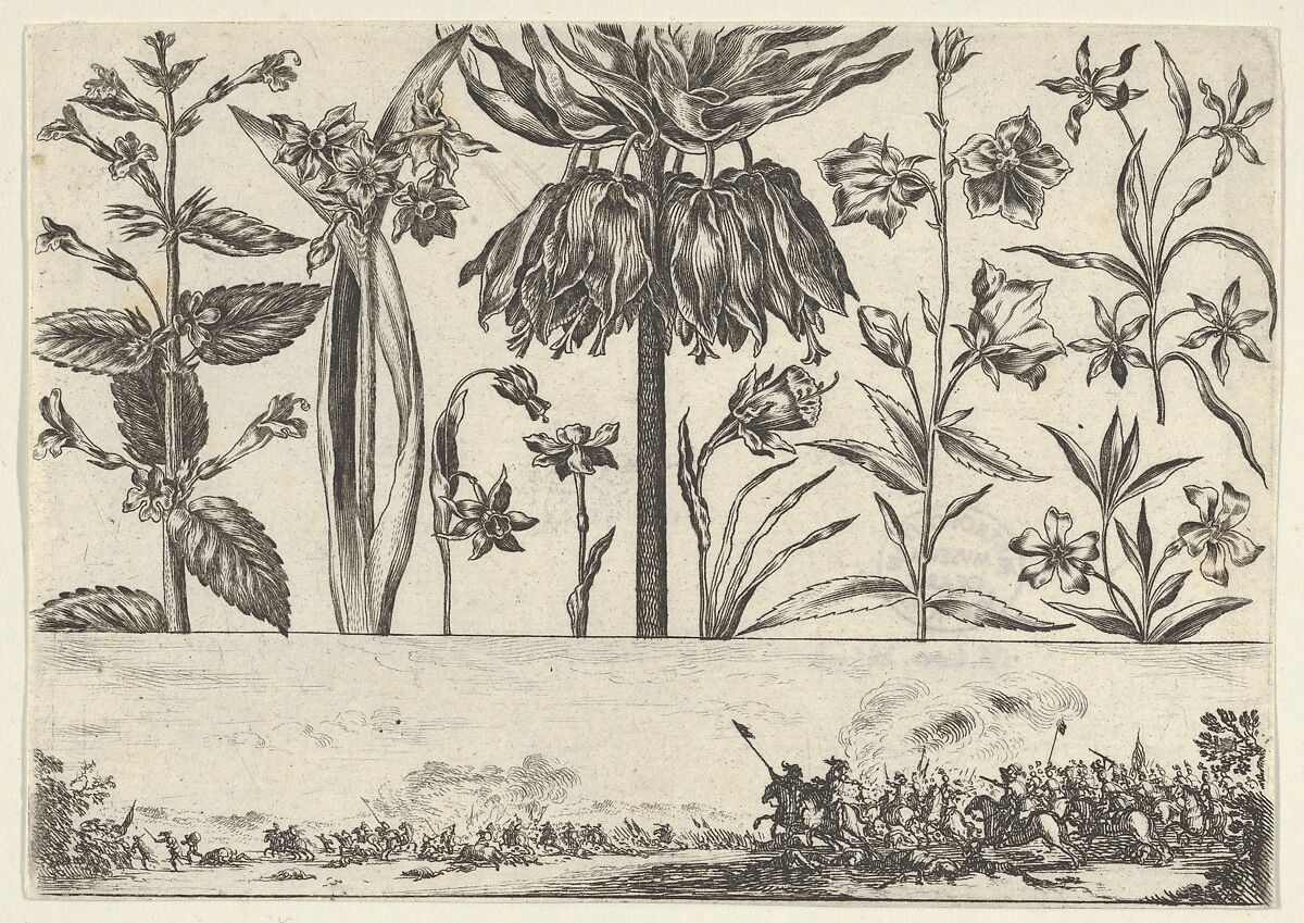 Horizontal Panel with a Row of Flowers Above a Frieze with a Battle Scene in a Landscape, from Livre Nouveau de Fleurs Tres-Util, Nicolas Cochin (French, Troyes 1610–1686 Paris), Etching and burin 