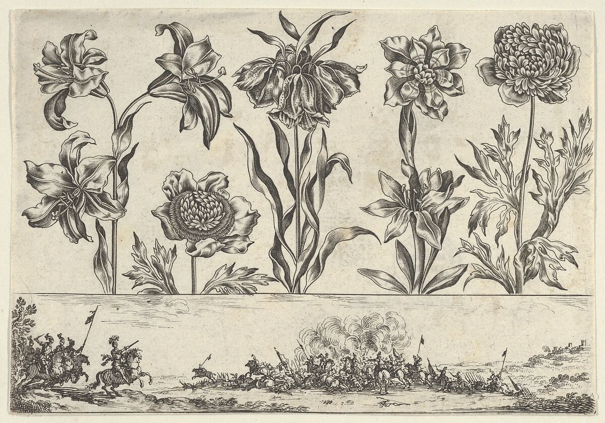Horizontal Panel with a Row of Flowers Above a Frieze with a Battle Scene in a Landscape, from Livre Nouveau de Fleurs Tres-Util, Nicolas Cochin (French, Troyes 1610–1686 Paris), Etching and burin 