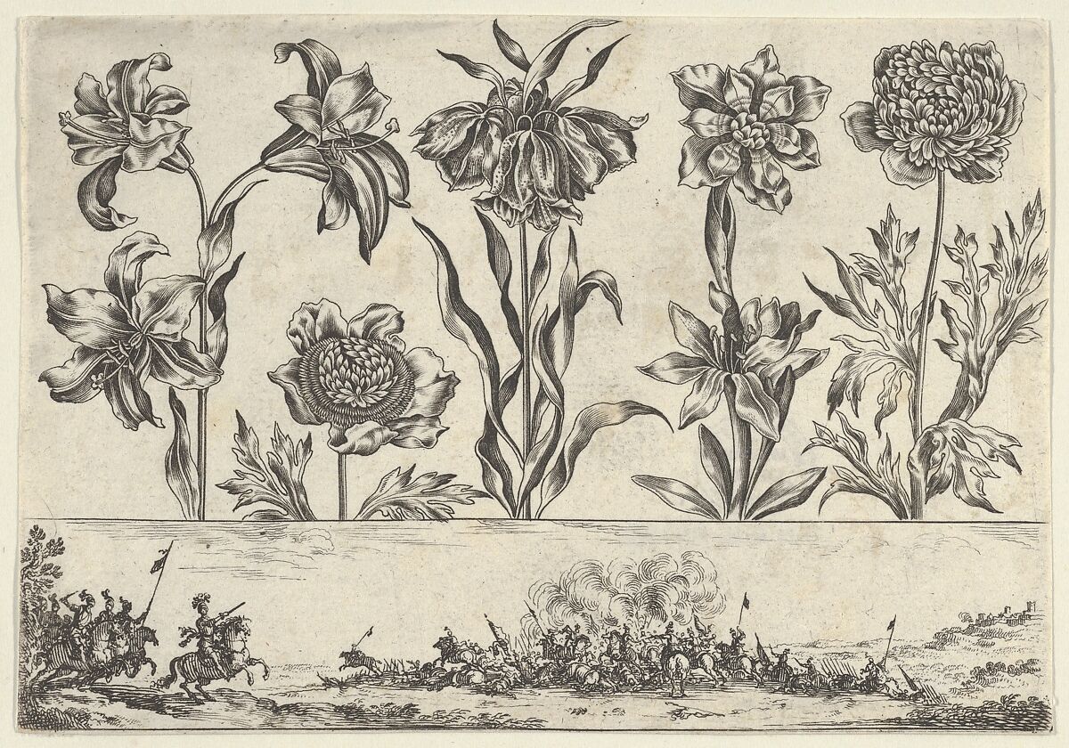 Horizontal Panel with a Row of Flowers Above a Frieze with a Battle Scene in a Landscape, from Livre Nouveau de Fleurs Tres-Util, Nicolas Cochin  French, Etching and burin